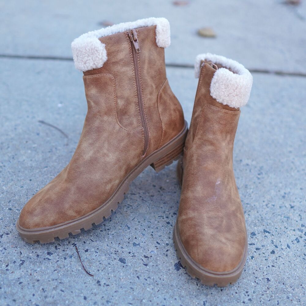 Wonderly Hexley Booties 7.5 Brown Shearling Fur Trim Faux Suede Ankle Boots Fall